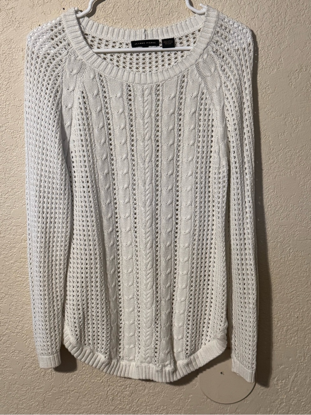 White Openwork Cable Knit Scoop Neck Sweater 100% Cotton. Cozy Chic Boho Preppy